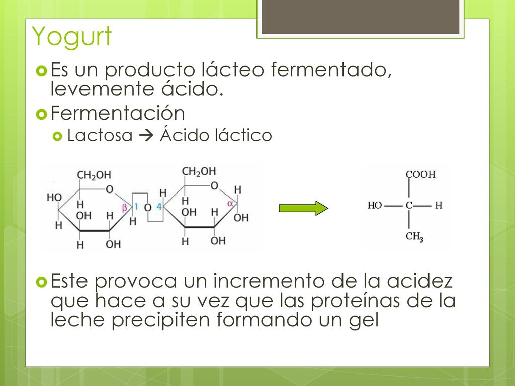 Yogurt Es un producto lácteo fermentado, levemente ácido. Fermentación