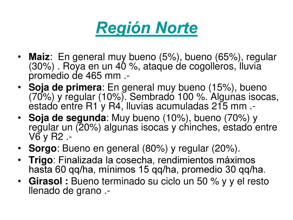 Región Norte Maíz: En general muy bueno (5%), bueno (65%), regular (30%) . Roya en un 40 %, ataque de cogolleros, lluvia promedio de 465 mm .-
