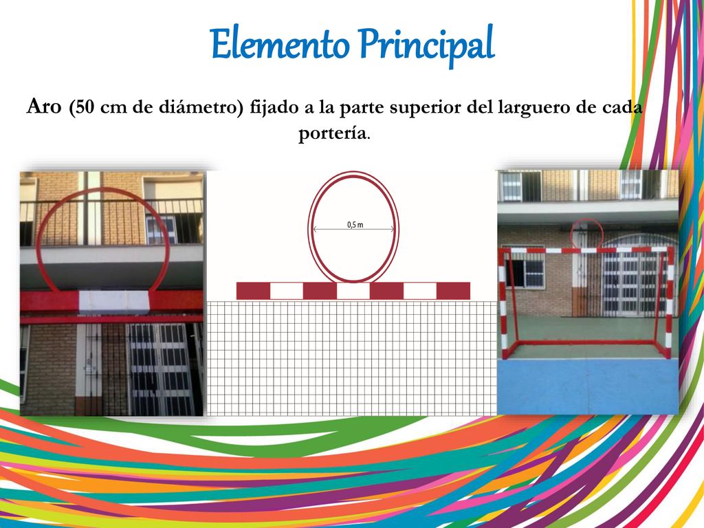 Elemento Principal Aro (50 cm de diámetro) fijado a la parte superior del larguero de cada portería.