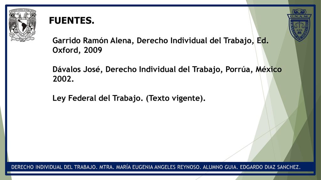 FUENTES. Garrido Ramón Alena, Derecho Individual del Trabajo, Ed. Oxford, Dávalos José, Derecho Individual del Trabajo, Porrúa, México