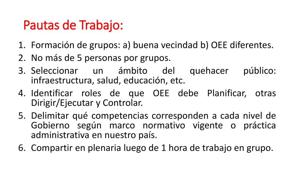 Pautas de Trabajo: Formación de grupos: a) buena vecindad b) OEE diferentes. No más de 5 personas por grupos.