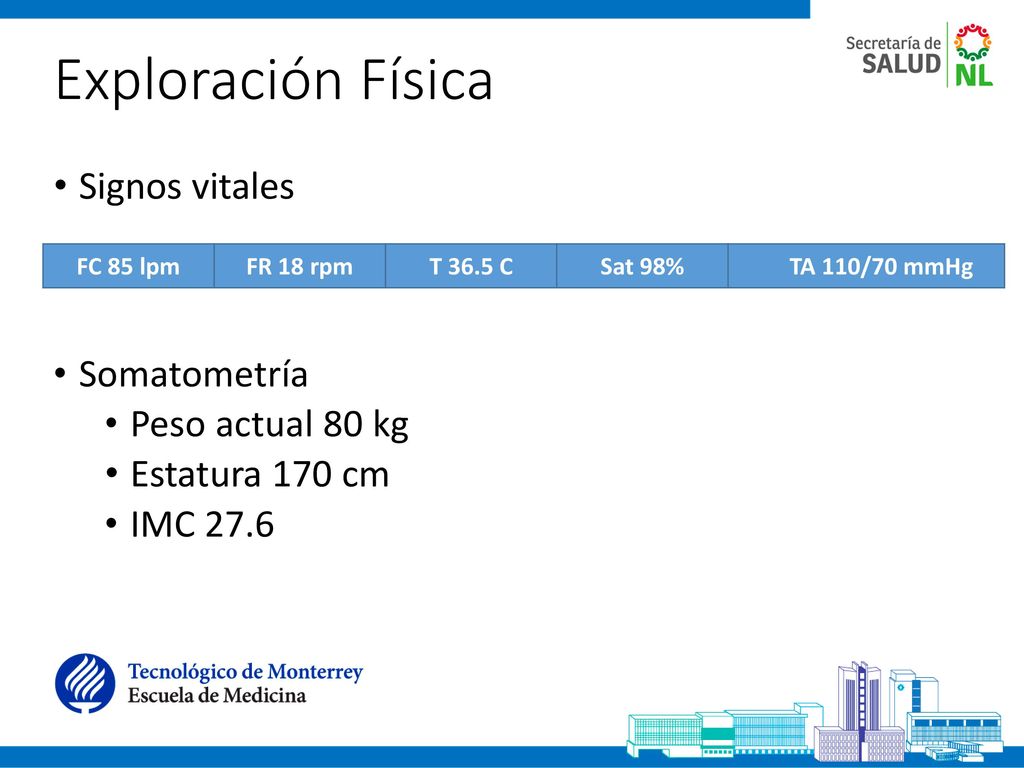 Exploración Física Signos vitales Somatometría Peso actual 80 kg