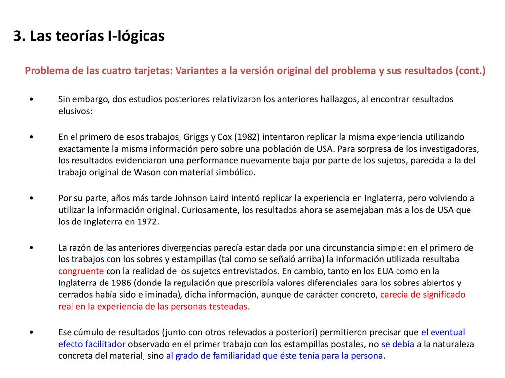 3. Las teorías I-lógicas Problema de las cuatro tarjetas: Variantes a la versión original del problema y sus resultados (cont.)