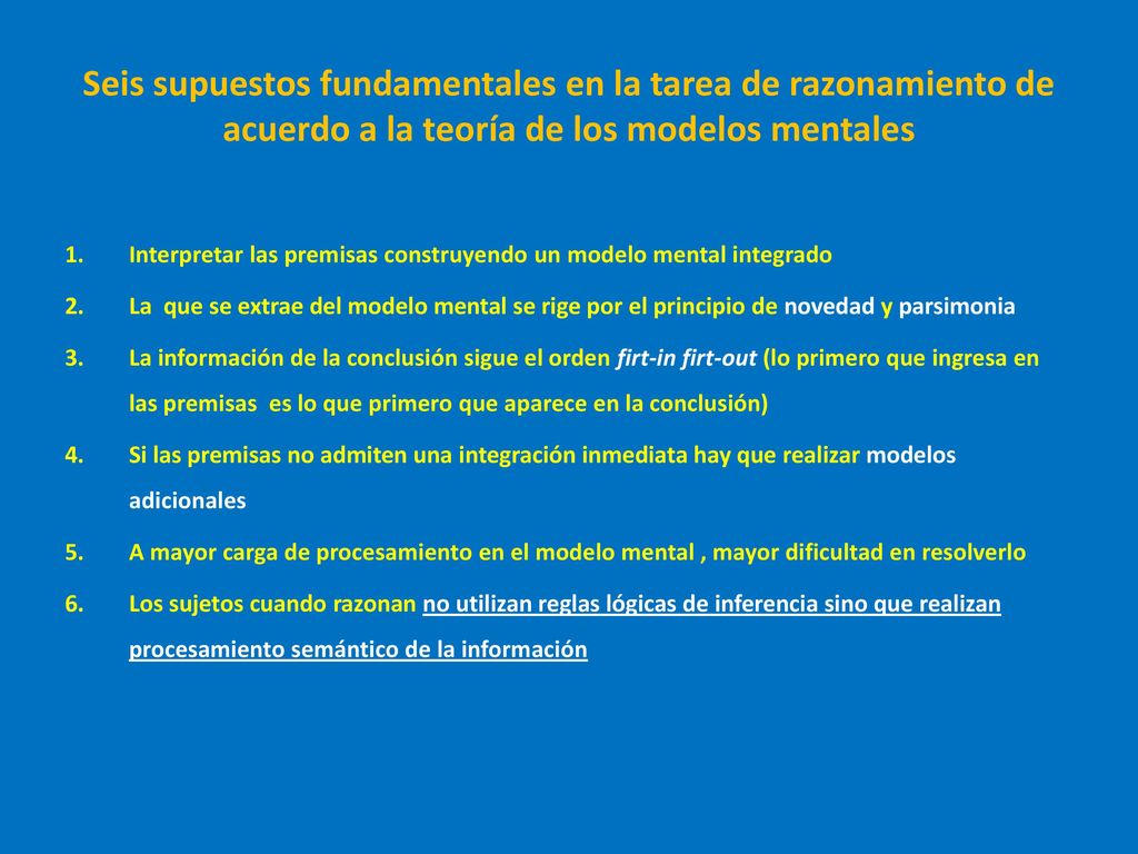 Seis supuestos fundamentales en la tarea de razonamiento de acuerdo a la teoría de los modelos mentales