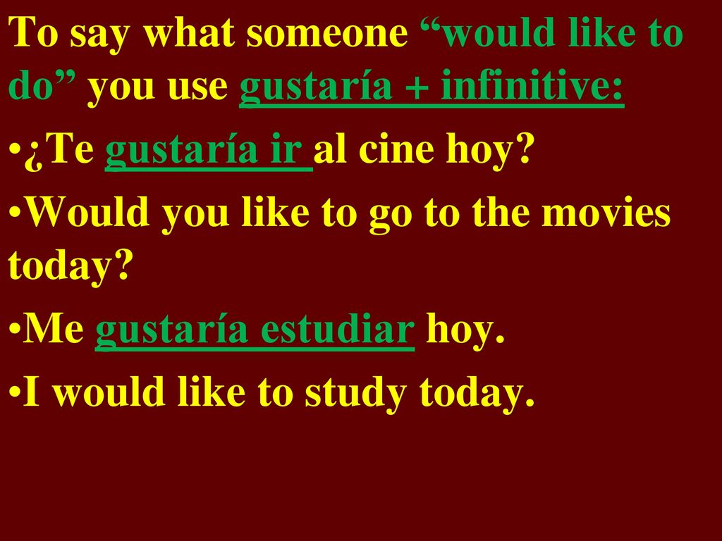 To say what someone would like to do you use gustaría + infinitive: