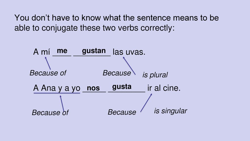 You don’t have to know what the sentence means to be able to conjugate these two verbs correctly: A mí ____ ________ las uvas. A Ana y a yo _____ ________ ir al cine.