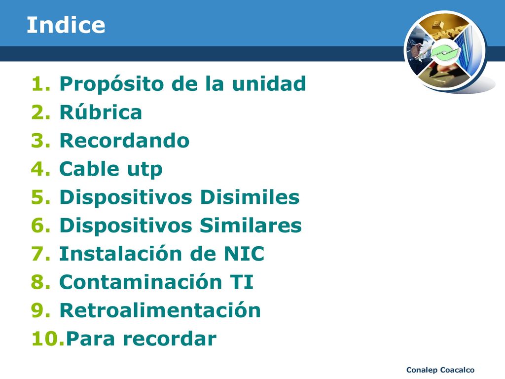 Indice Propósito de la unidad Rúbrica Recordando Cable utp