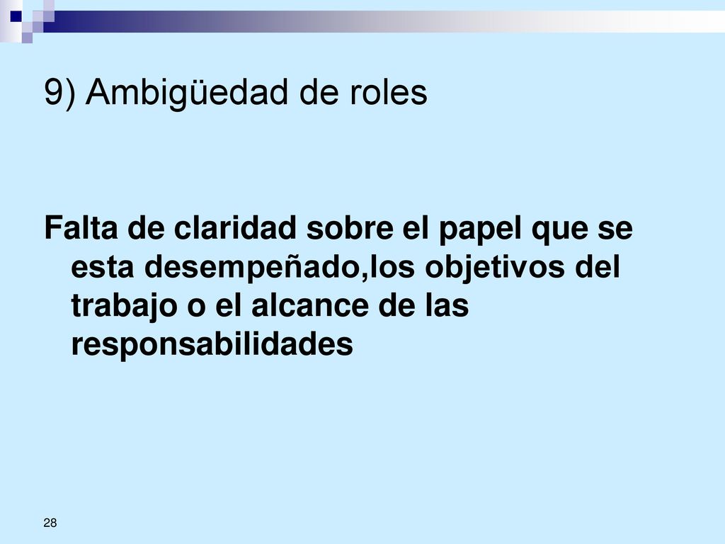 9) Ambigüedad de roles Falta de claridad sobre el papel que se esta desempeñado,los objetivos del trabajo o el alcance de las responsabilidades.