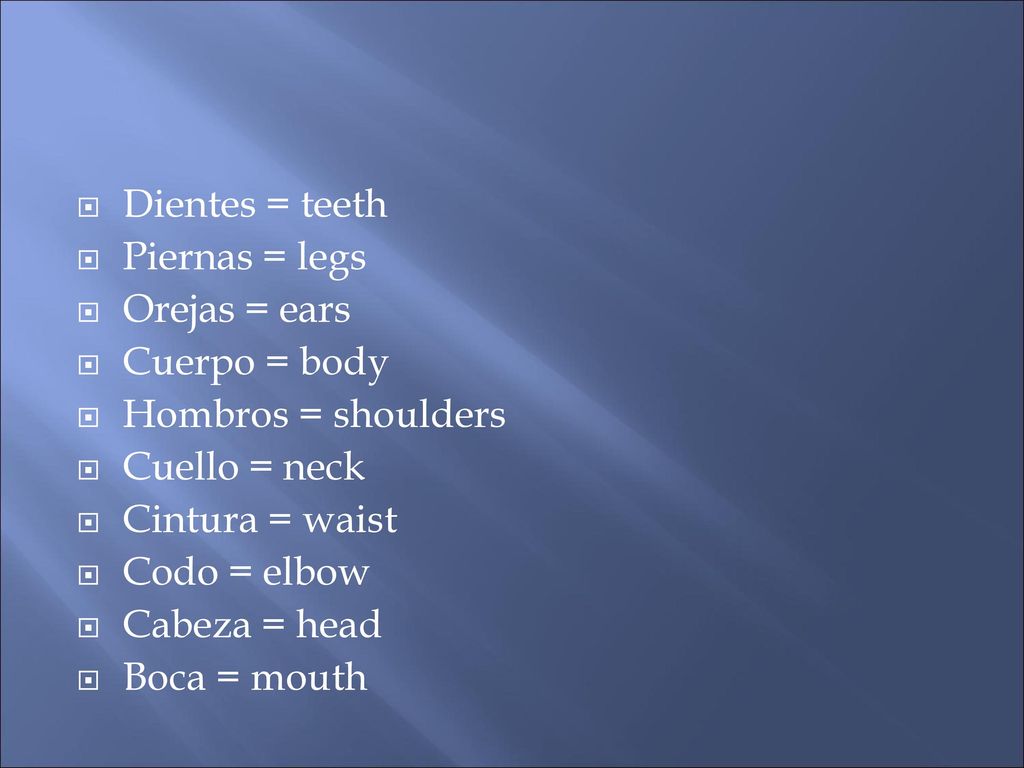 Dientes = teeth Piernas = legs. Orejas = ears. Cuerpo = body. Hombros = shoulders. Cuello = neck.