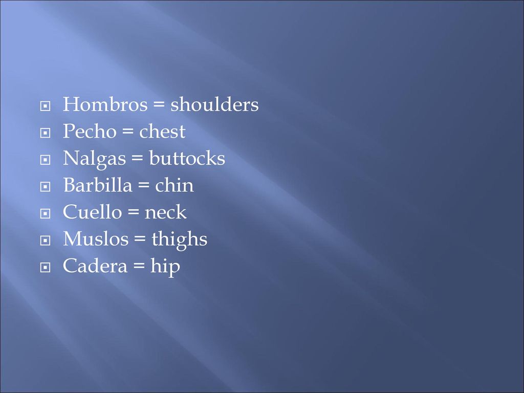 Hombros = shoulders Pecho = chest. Nalgas = buttocks. Barbilla = chin. Cuello = neck. Muslos = thighs.