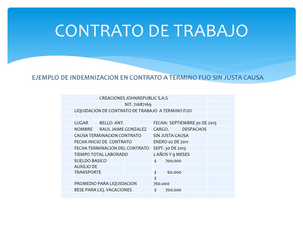 CONTRATO DE TRABAJO EJEMPLO DE INDEMNIZACION EN CONTRATO A TERMINO FIJO SIN JUSTA CAUSA. CREACIONES JOHNREPUBLIC S.A.S.