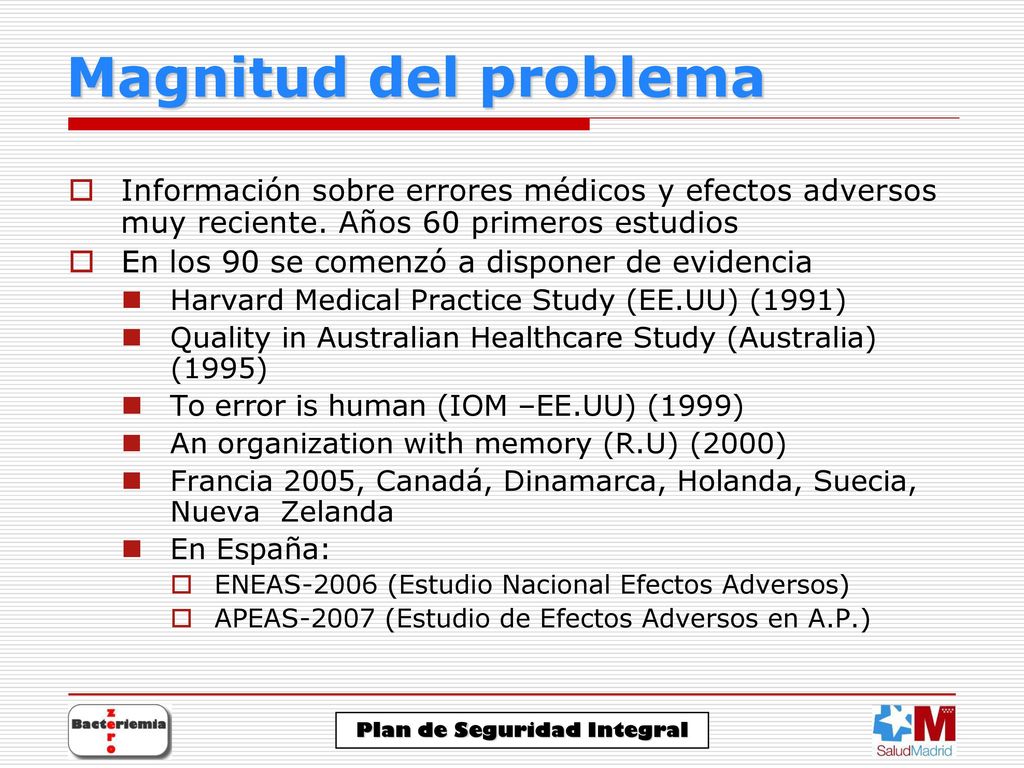 Magnitud del problema Información sobre errores médicos y efectos adversos muy reciente. Años 60 primeros estudios.