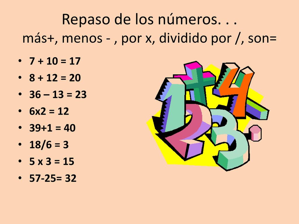 Repaso de los números. . . más+, menos - , por x, dividido por /, son=