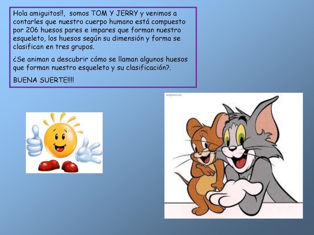 Hola amiguitos!!, somos TOM Y JERRY y venimos a contarles que nuestro cuerpo humano está compuesto por 206 huesos pares e impares que forman nuestro esqueleto, los huesos según su dimensión y forma se clasifican en tres grupos.
