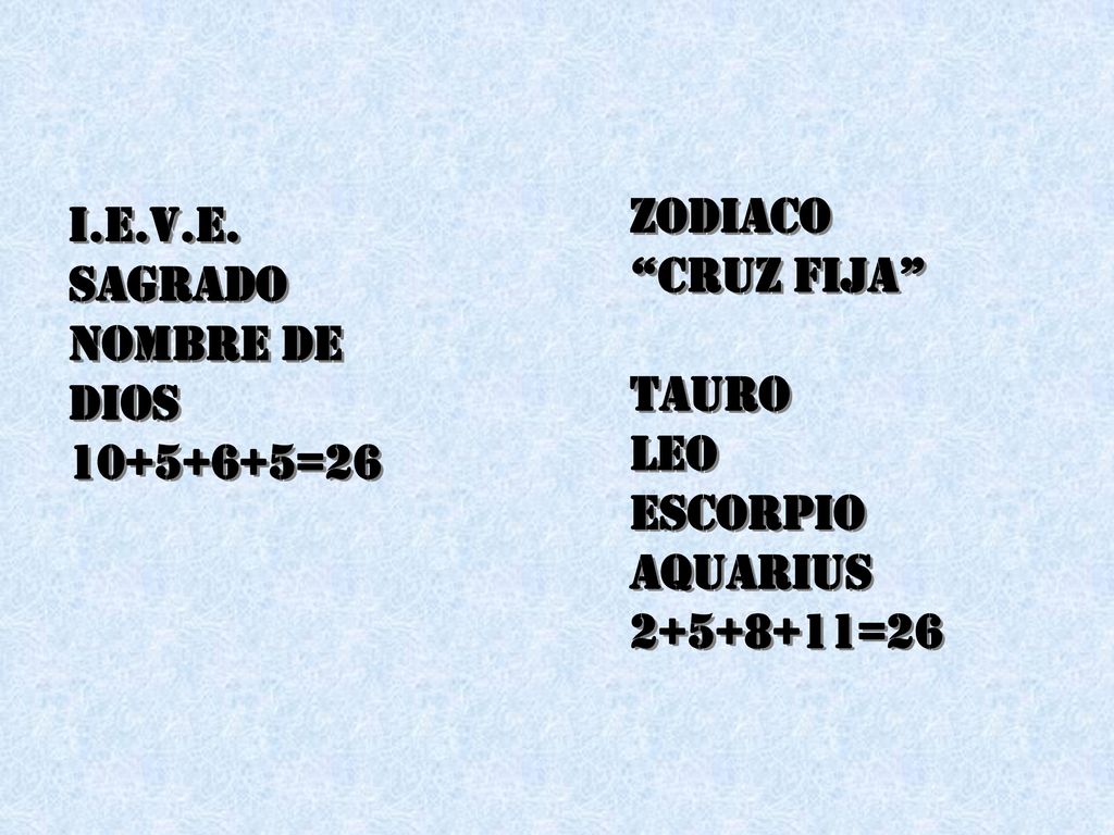 ZODIACO CRUZ FIJA TAURO. LEO. ESCORPIO. AQUARIUS =26. I.E.V.E. SAGRADO NOMBRE DE DIOS.