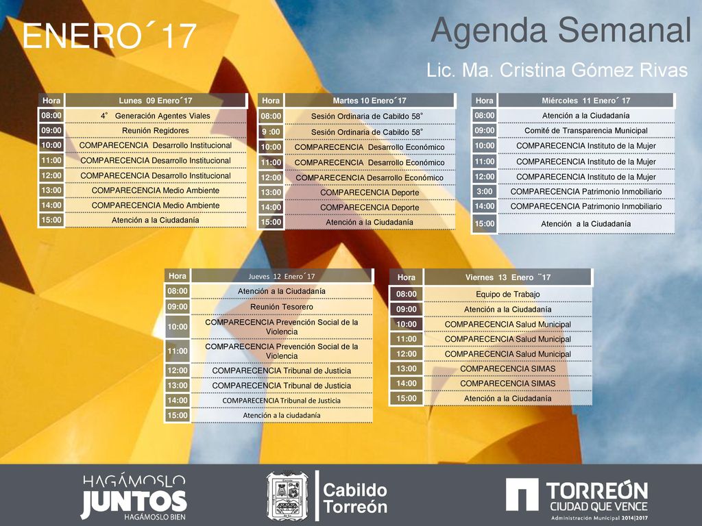 Agenda Semanal ENERO´17 Lic. Ma. Cristina Gómez Rivas Cabildo Torreón