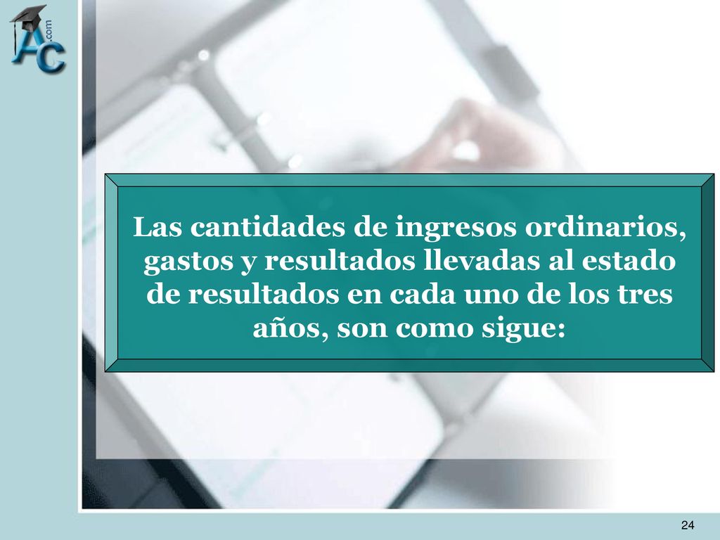 Las cantidades de ingresos ordinarios, gastos y resultados llevadas al estado de resultados en cada uno de los tres años, son como sigue: