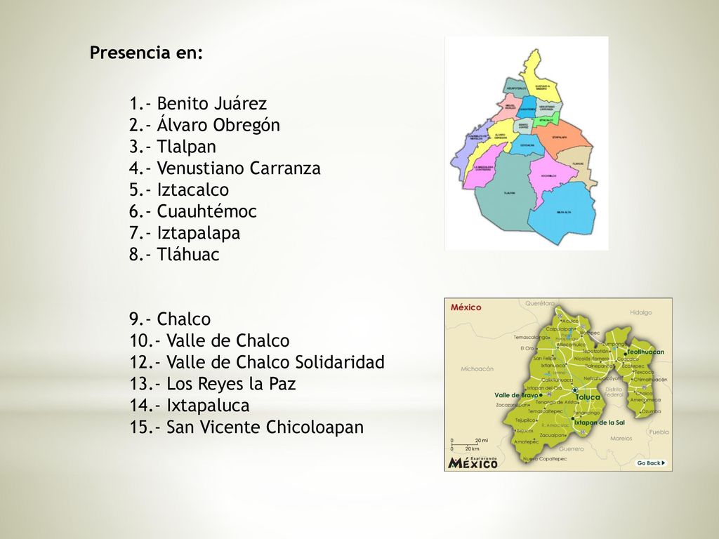 Presencia en: 1.- Benito Juárez. 2.- Álvaro Obregón. 3.- Tlalpan. 4.- Venustiano Carranza. 5.- Iztacalco.