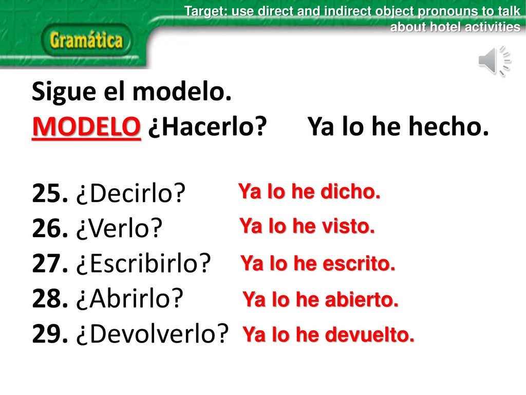 MODELO ¿Hacerlo Ya lo he hecho. 25. ¿Decirlo 26. ¿Verlo