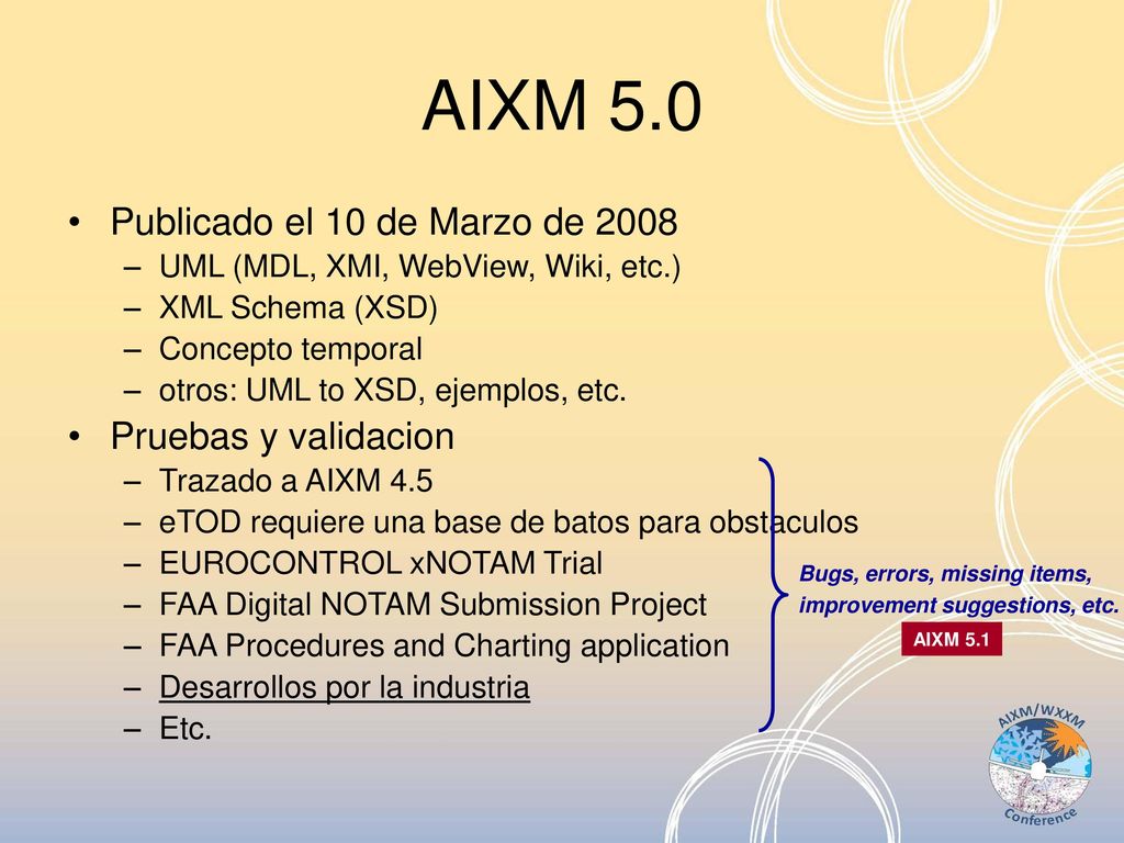 AIXM 5.0 Publicado el 10 de Marzo de 2008 Pruebas y validacion