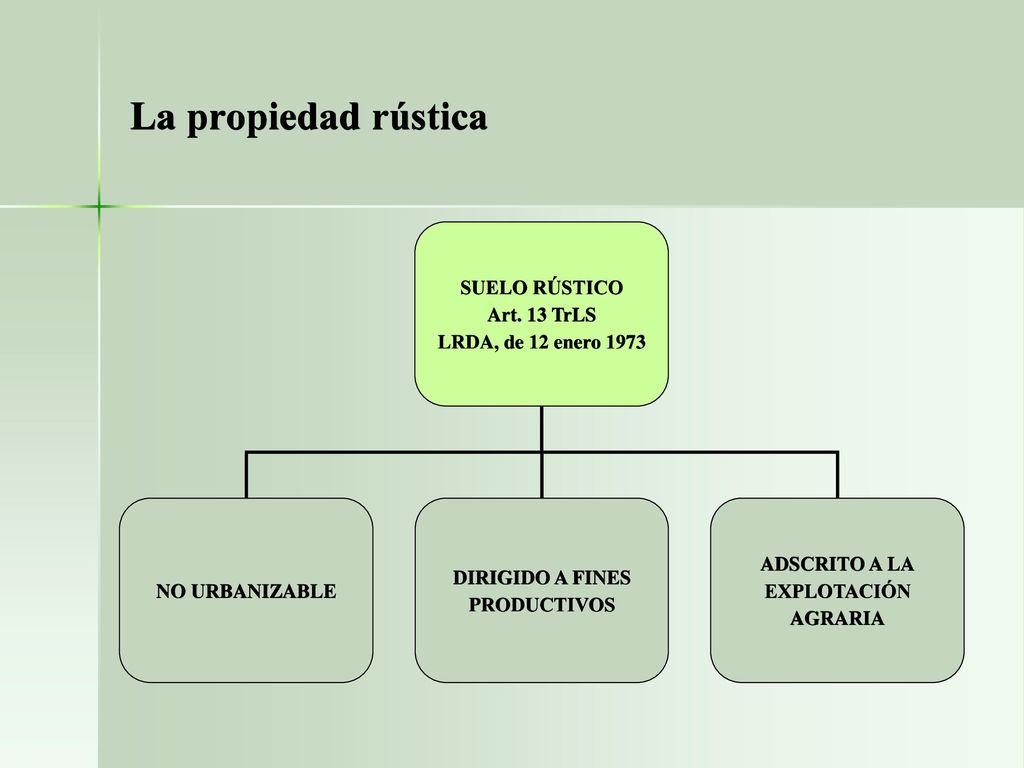La propiedad rústica SUELO RÚSTICO Art. 13 TrLS LRDA, de 12 enero 1973