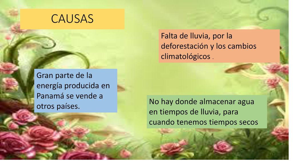 CAUSAS Falta de lluvia, por la deforestación y los cambios climatológicos . Gran parte de la energía producida en Panamá se vende a otros países.