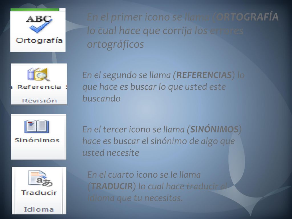 En el primer icono se llama (ORTOGRAFÍA lo cual hace que corrija los errores ortográficos