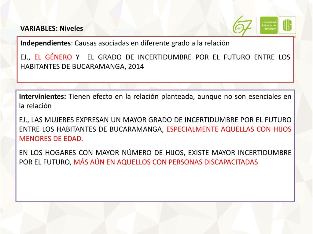 VARIABLES: Niveles Independientes: Causas asociadas en diferente grado a la relación.