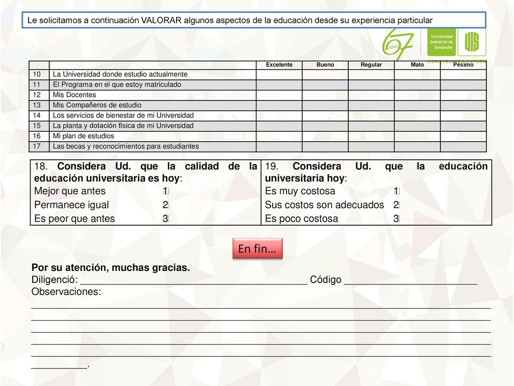 Le solicitamos a continuación VALORAR algunos aspectos de la educación desde su experiencia particular