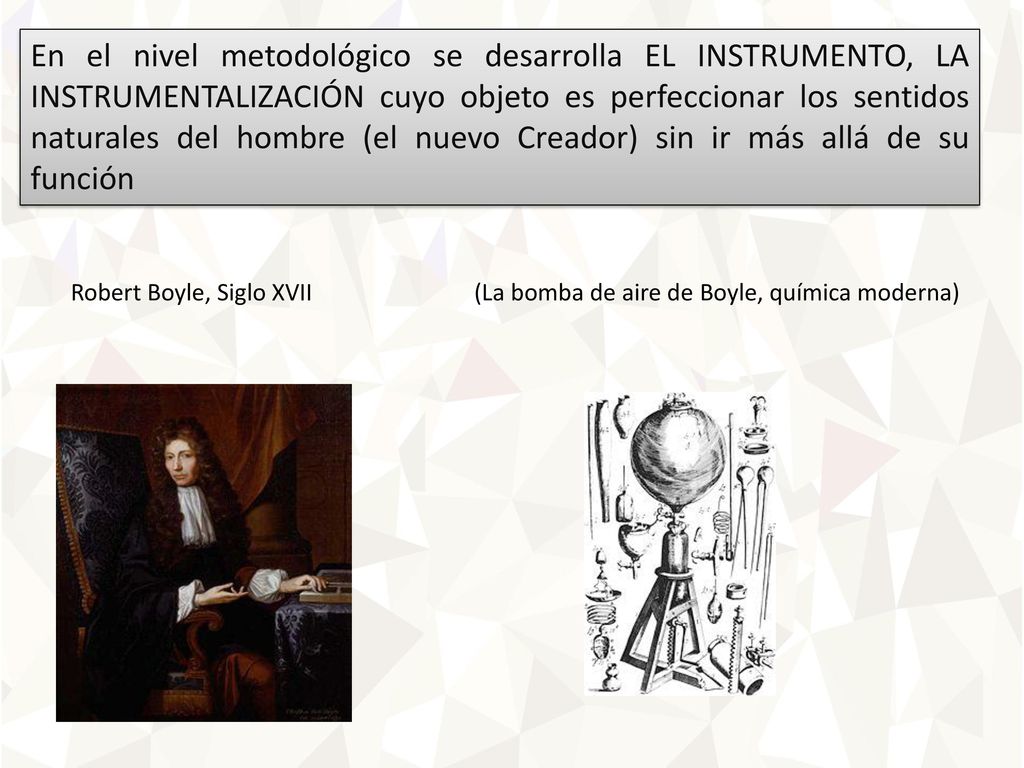 En el nivel metodológico se desarrolla EL INSTRUMENTO, LA INSTRUMENTALIZACIÓN cuyo objeto es perfeccionar los sentidos naturales del hombre (el nuevo Creador) sin ir más allá de su función
