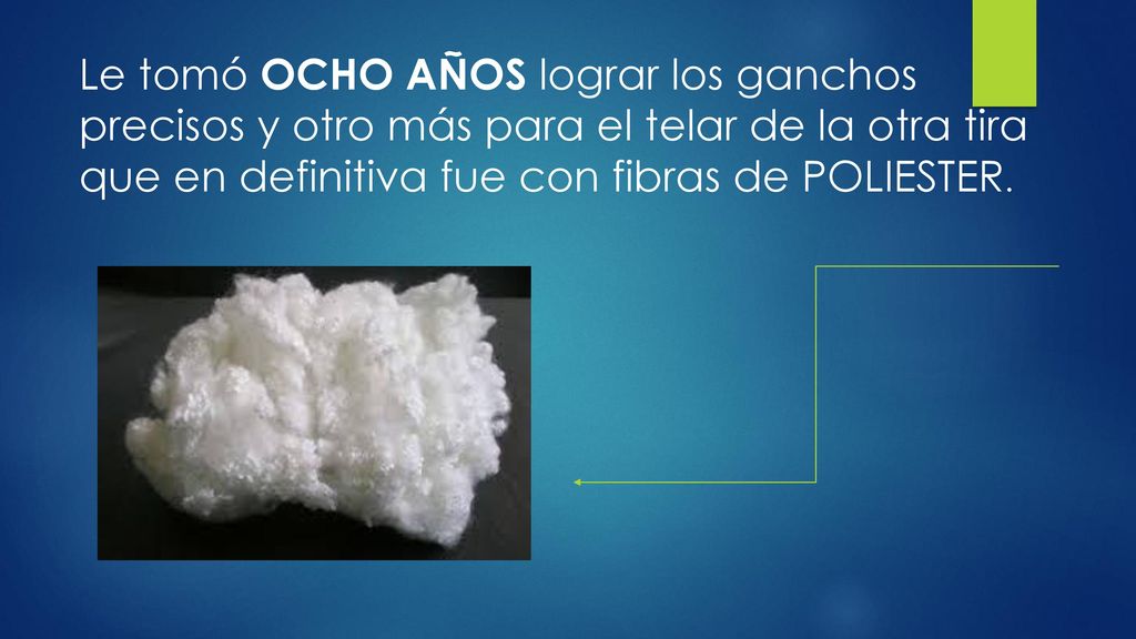 Le tomó OCHO AÑOS lograr los ganchos precisos y otro más para el telar de la otra tira que en definitiva fue con fibras de POLIESTER.