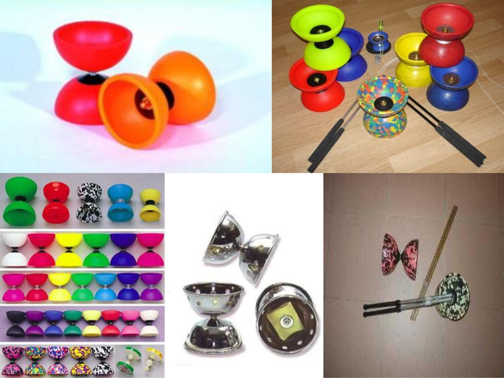 Diferentes tipos de diábolos. Tamaños, materiales y colores diferentes.
