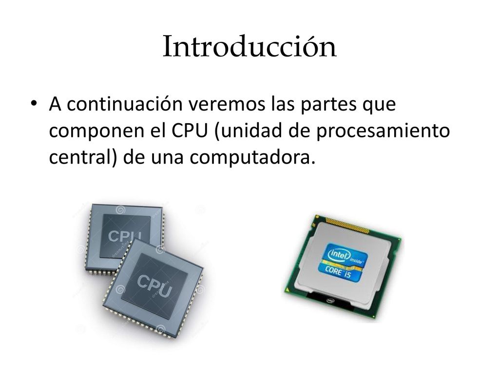Introducción A continuación veremos las partes que componen el CPU (unidad de procesamiento central) de una computadora.