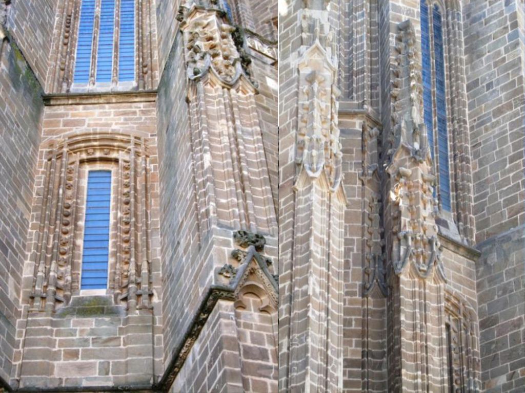 Las ventanas son de estilo gótico y las de dos de las torres presentan escudos del obispo Grau promotor del edificio. La cubierta también tiene forma de cruz griega a dos aguas y está rematada con pizarra.