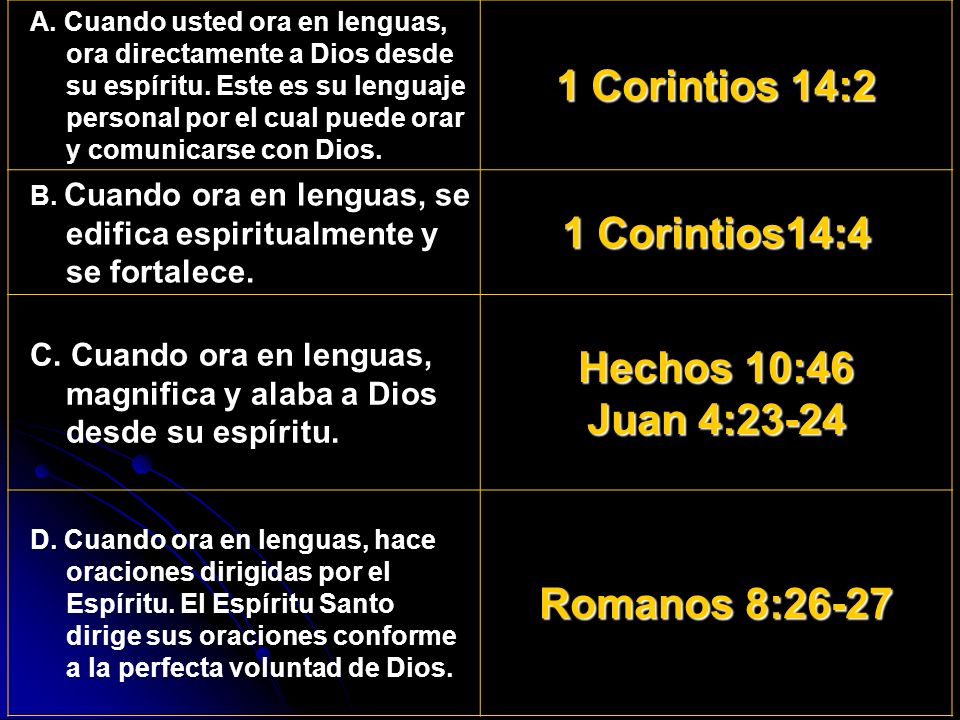 1 Corintios 14:2 1 Corintios14:4 Juan 4:23-24 Romanos 8:26-27