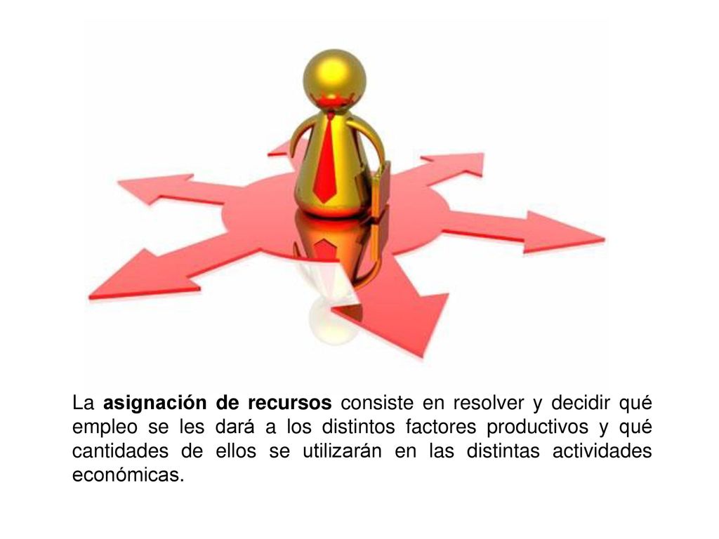 La asignación de recursos consiste en resolver y decidir qué empleo se les dará a los distintos factores productivos y qué cantidades de ellos se utilizarán en las distintas actividades económicas.