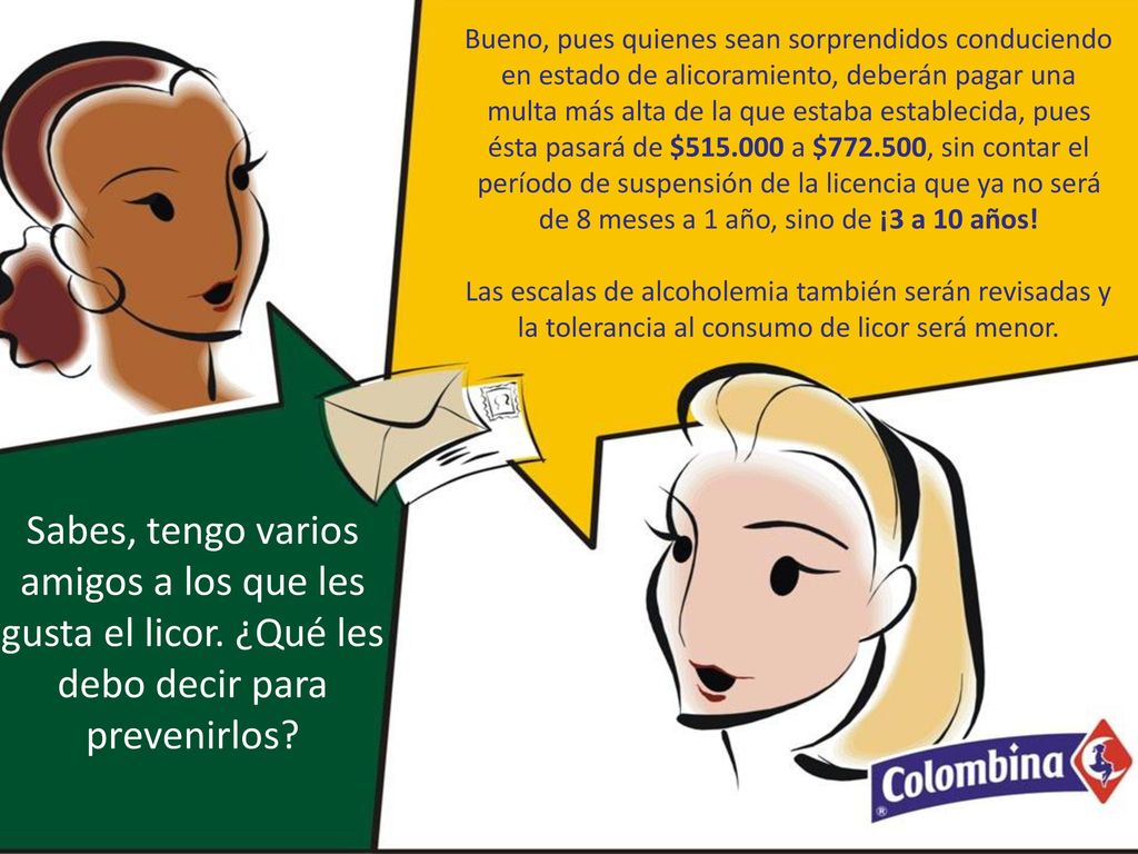 Bueno, pues quienes sean sorprendidos conduciendo en estado de alicoramiento, deberán pagar una multa más alta de la que estaba establecida, pues ésta pasará de $ a $ , sin contar el período de suspensión de la licencia que ya no será de 8 meses a 1 año, sino de ¡3 a 10 años!