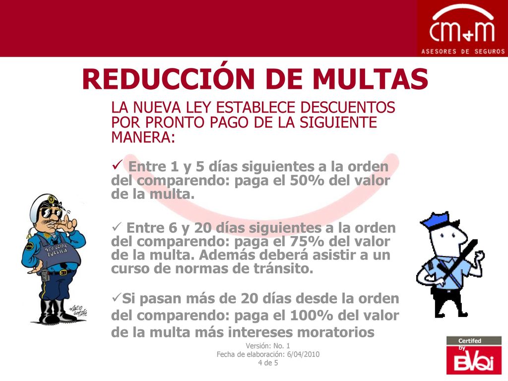 REDUCCIÓN DE MULTAS LA NUEVA LEY ESTABLECE DESCUENTOS POR PRONTO PAGO DE LA SIGUIENTE MANERA: