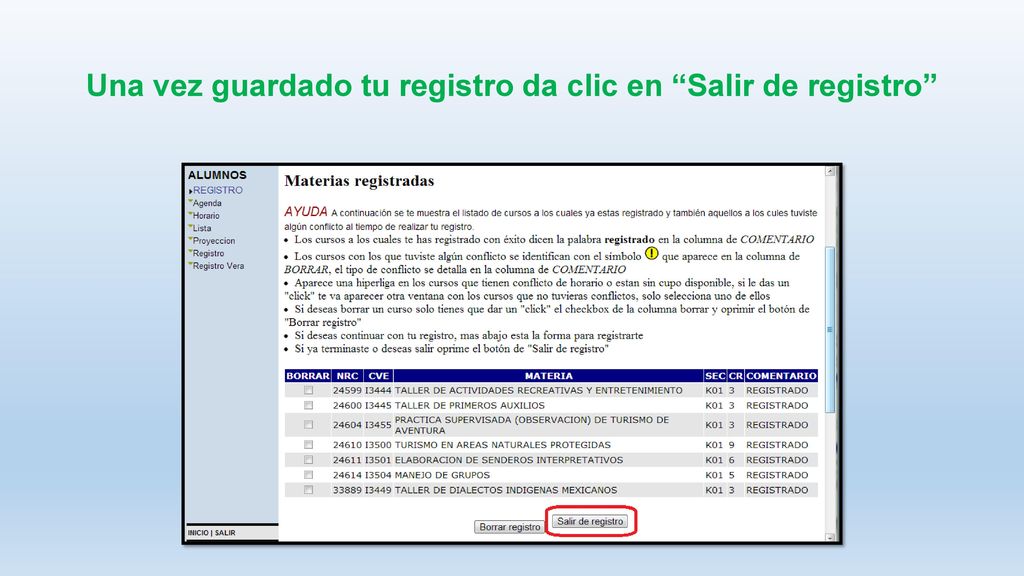 Una vez guardado tu registro da clic en Salir de registro