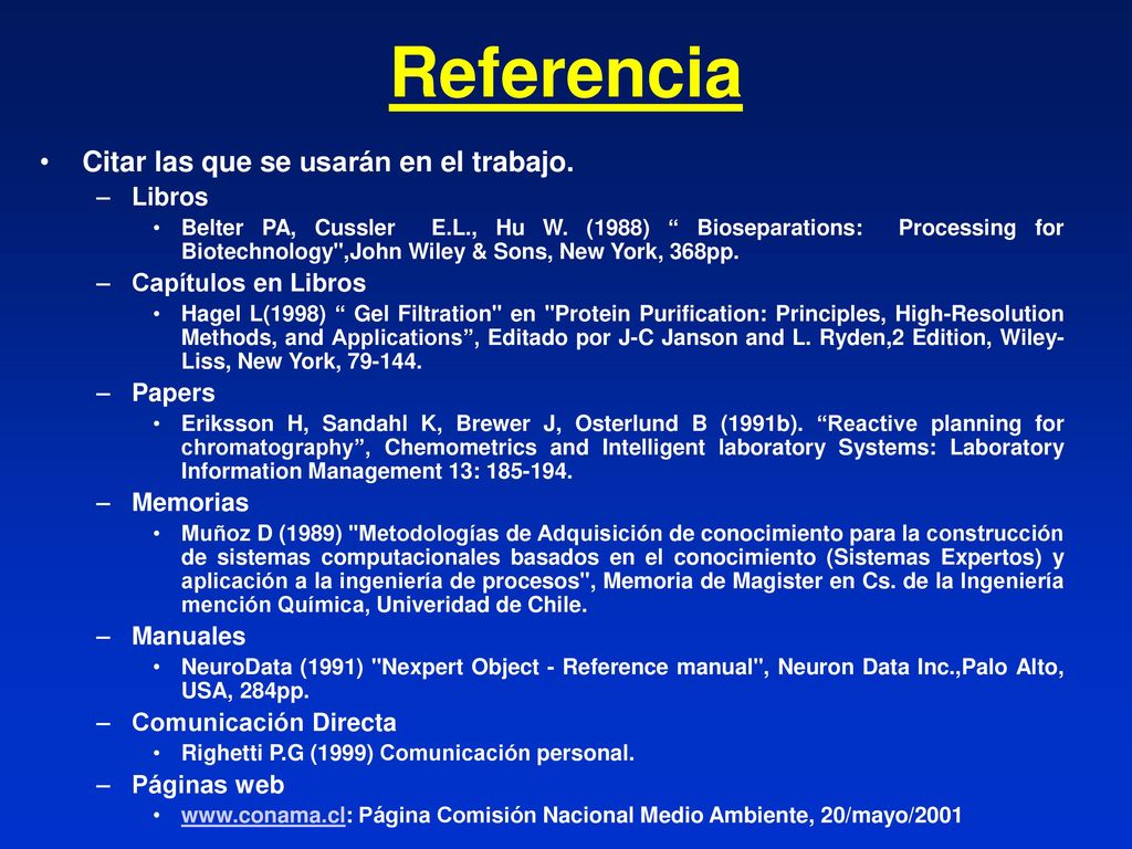 Referencia Citar las que se usarán en el trabajo. Libros