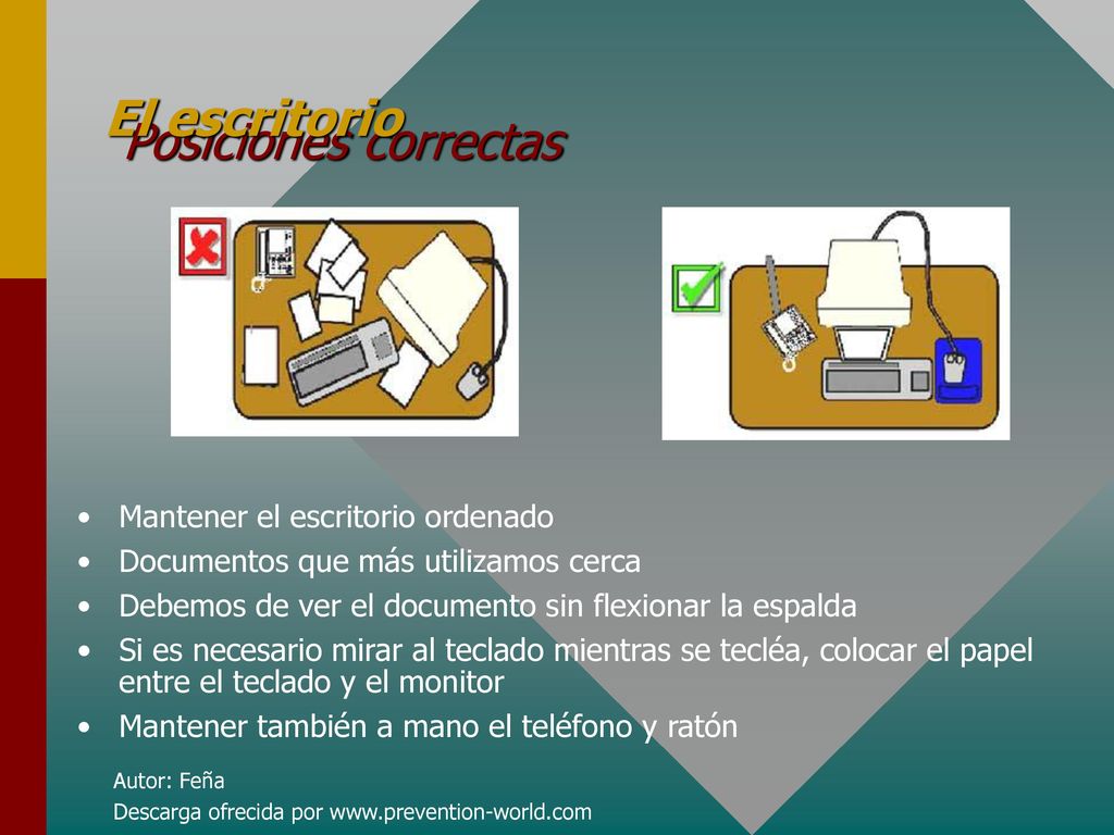 El escritorio Posiciones correctas Mantener el escritorio ordenado