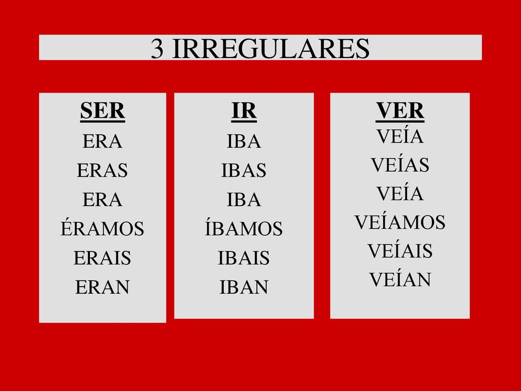 3 IRREGULARES SER IR VER ERA ERAS ÉRAMOS ERAIS ERAN IBA IBAS ÍBAMOS