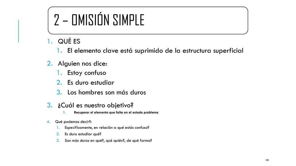 2 – OMISIÓN SIMPLE QUÉ ES. El elemento clave está suprimido de la estructura superficial. Alguien nos dice: