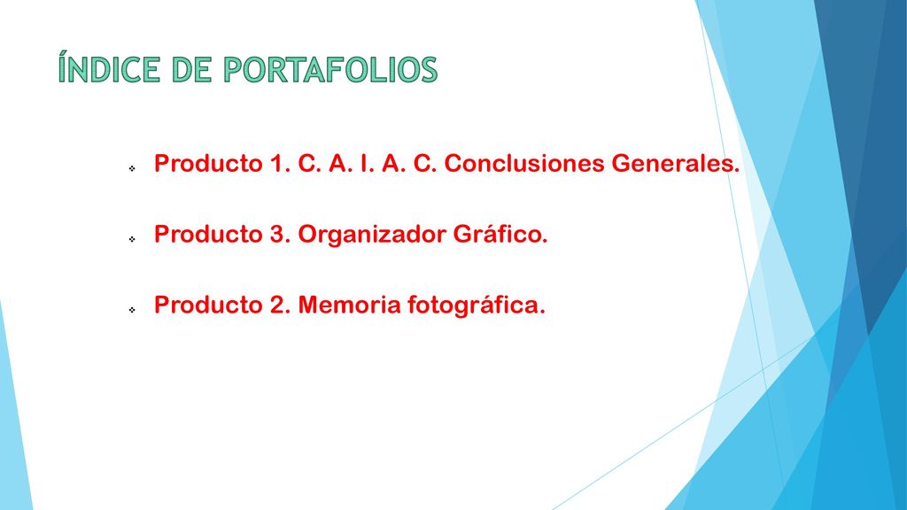 ÍNDICE DE PORTAFOLIOS Producto 1. C. A. I. A. C. Conclusiones Generales. Producto 3. Organizador Gráfico.
