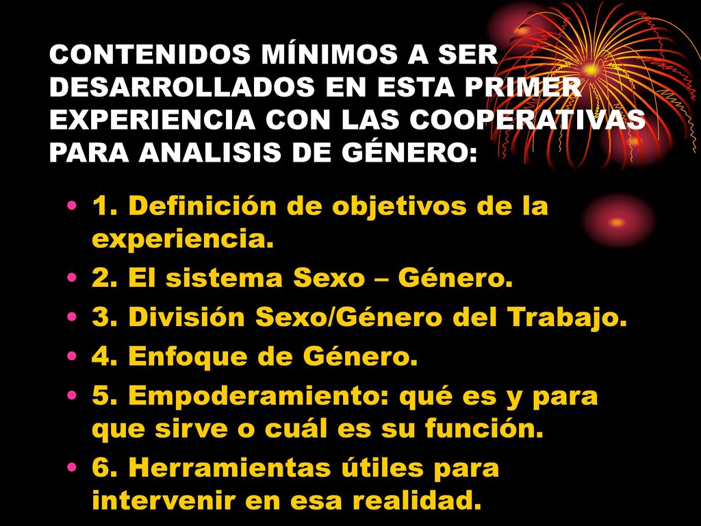CONTENIDOS MÍNIMOS A SER DESARROLLADOS EN ESTA PRIMER EXPERIENCIA CON LAS COOPERATIVAS PARA ANALISIS DE GÉNERO: