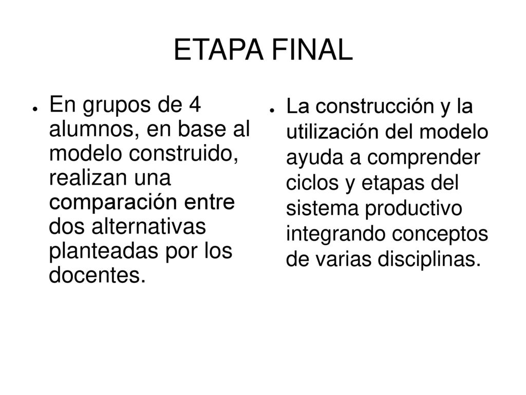 ETAPA FINAL En grupos de 4 alumnos, en base al modelo construido, realizan una comparación entre dos alternativas planteadas por los docentes.