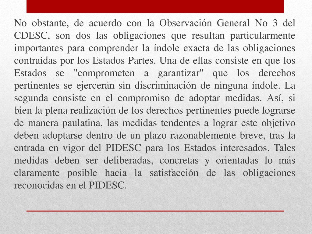 No obstante, de acuerdo con la Observación General No 3 del CDESC, son dos las obligaciones que resultan particularmente importantes para comprender la índole exacta de las obligaciones contraídas por los Estados Partes.