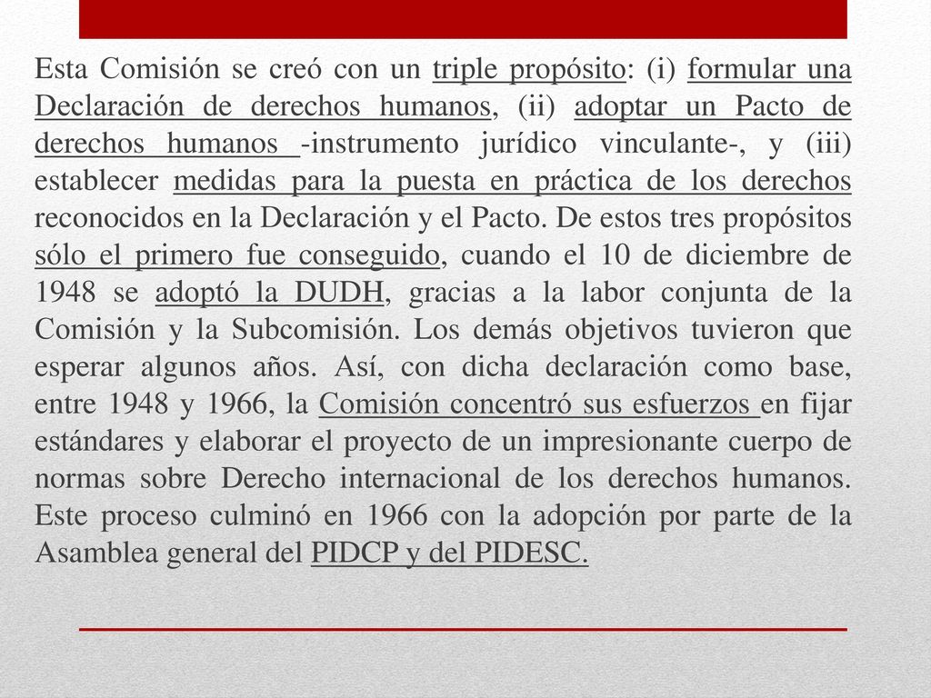 Esta Comisión se creó con un triple propósito: (i) formular una Declaración de derechos humanos, (ii) adoptar un Pacto de derechos humanos -instrumento jurídico vinculante-, y (iii) establecer medidas para la puesta en práctica de los derechos reconocidos en la Declaración y el Pacto.
