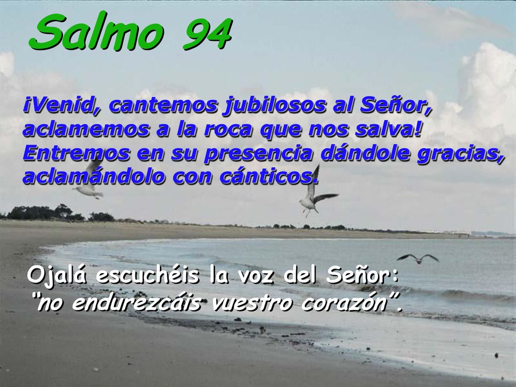 Salmo 94 ¡Venid, cantemos jubilosos al Señor, aclamemos a la roca que nos salva! Entremos en su presencia dándole gracias, aclamándolo con cánticos.
