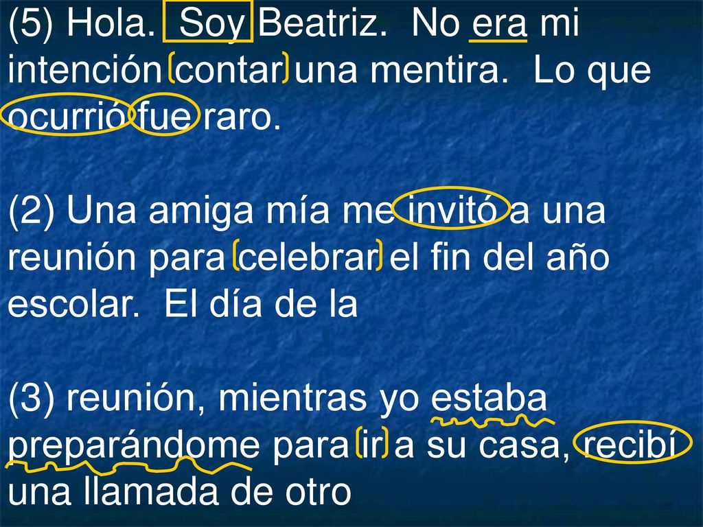 (5) Hola. Soy Beatriz. No era mi intención contar una mentira